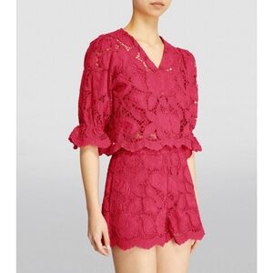 MAJE Lannick Openwork Embroidered Short Shirt Button-Up Fuchsia Medium